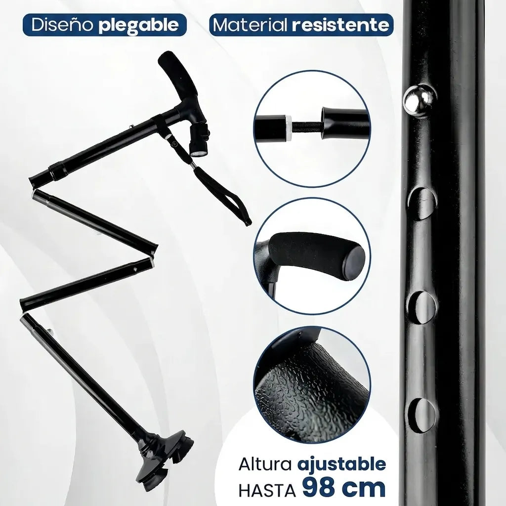 BASTÓN PLEGABLE ORTOPÉDICO CON LINTERNA DE LUZ LED NEGRO